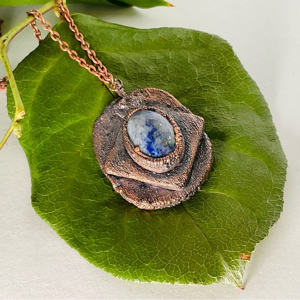 Copper Necklace Pendant Lapis Lazuli Handmade Jewelry Gem Stone Cabochon 20”